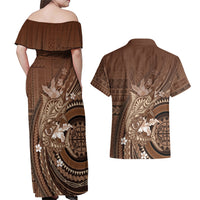 Samoa Tatau Marlin Couples Matching Off Shoulder Maxi Dress and Hawaiian Shirt With Siapo Motifs Brown LT05 - Polynesian Pride