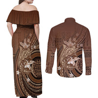 Samoa Tatau Marlin Couples Matching Off Shoulder Maxi Dress and Long Sleeve Button Shirt With Siapo Motifs Brown