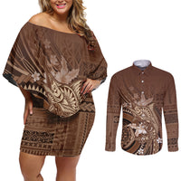 Samoa Tatau Marlin Couples Matching Off Shoulder Short Dress and Long Sleeve Button Shirt With Siapo Motifs Brown