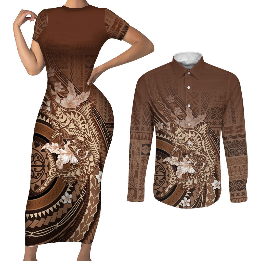 Samoa Tatau Marlin Couples Matching Short Sleeve Bodycon Dress and Long Sleeve Button Shirt With Siapo Motifs Brown LT05 Brown - Polynesian Pride