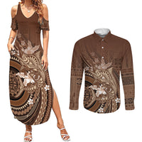 Samoa Tatau Marlin Couples Matching Summer Maxi Dress and Long Sleeve Button Shirt With Siapo Motifs Brown
