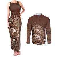 Samoa Tatau Marlin Couples Matching Tank Maxi Dress and Long Sleeve Button Shirt With Siapo Motifs Brown