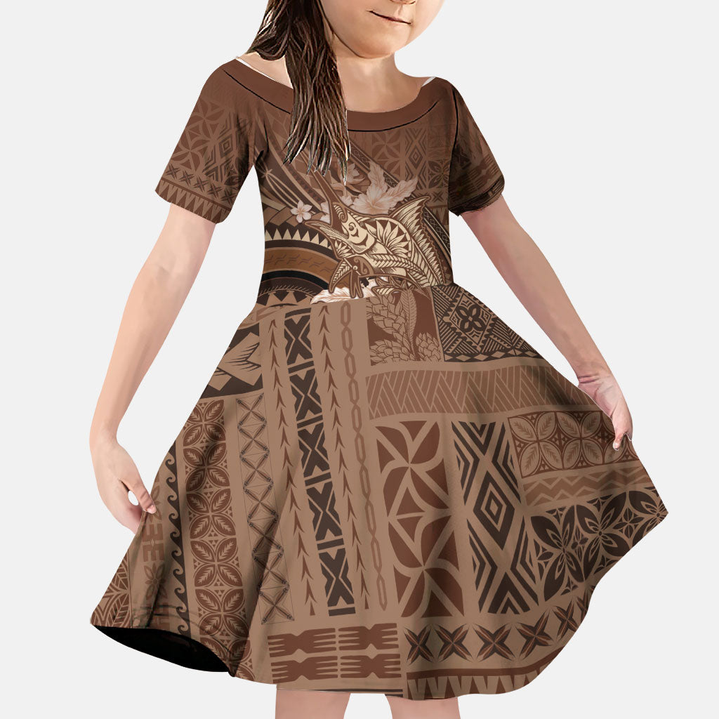 Samoa Tatau Marlin Family Matching Long Sleeve Bodycon Dress and Hawaiian Shirt With Siapo Motifs Brown LT05 Daughter's Dress Brown - Polynesian Pride