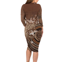 Samoa Tatau Marlin Family Matching Long Sleeve Bodycon Dress and Hawaiian Shirt With Siapo Motifs Brown LT05 - Polynesian Pride