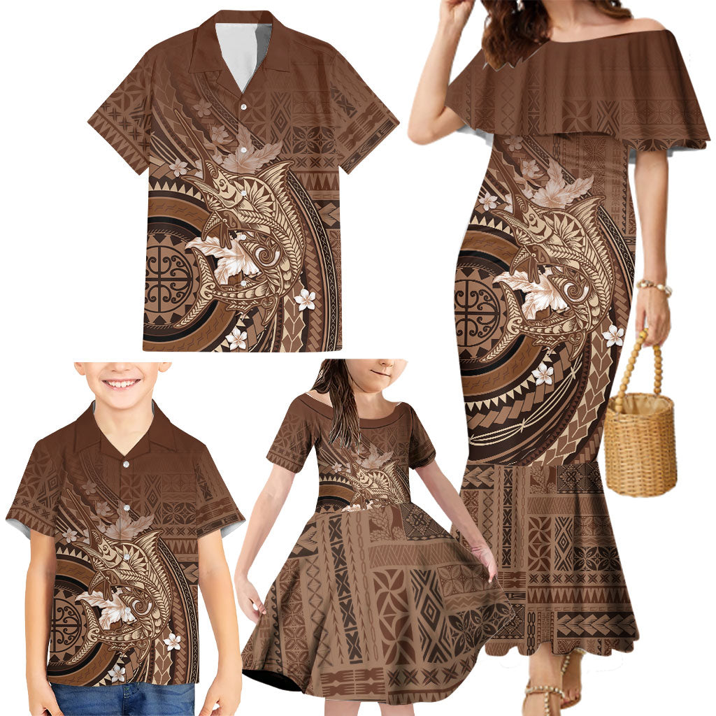 Samoa Tatau Marlin Family Matching Mermaid Dress and Hawaiian Shirt With Siapo Motifs Brown