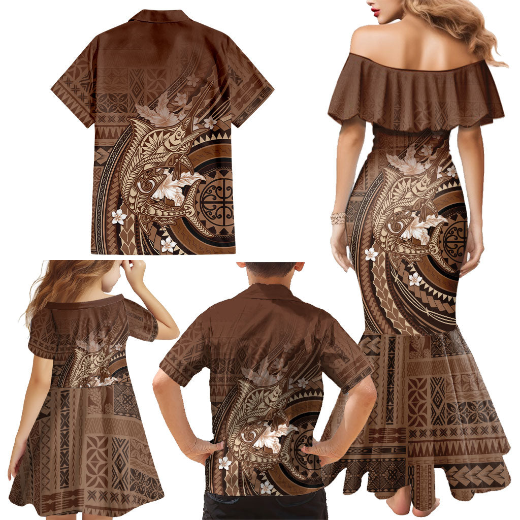 Samoa Tatau Marlin Family Matching Mermaid Dress and Hawaiian Shirt With Siapo Motifs Brown LT05 - Polynesian Pride