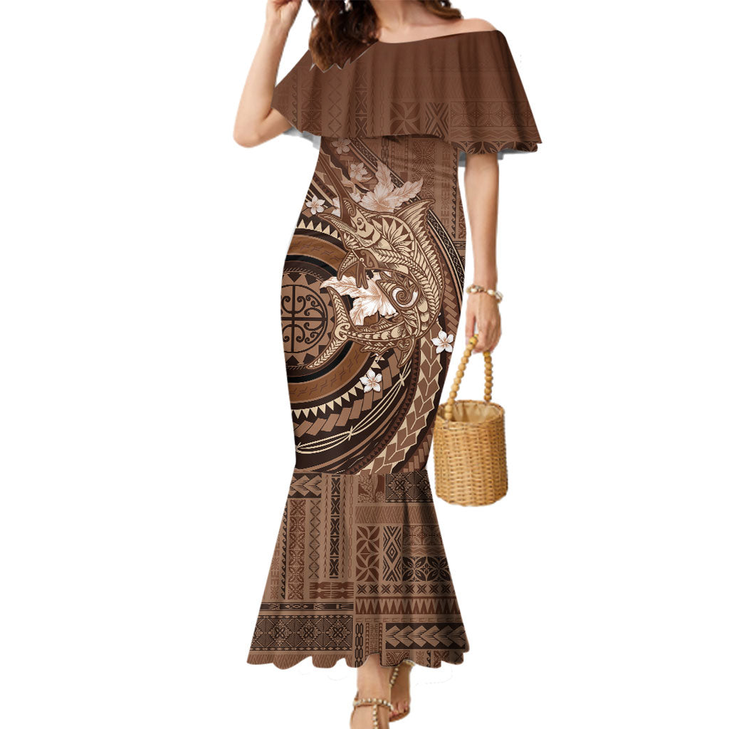 Samoa Tatau Marlin Family Matching Mermaid Dress and Hawaiian Shirt With Siapo Motifs Brown LT05 Mom's Dress Brown - Polynesian Pride
