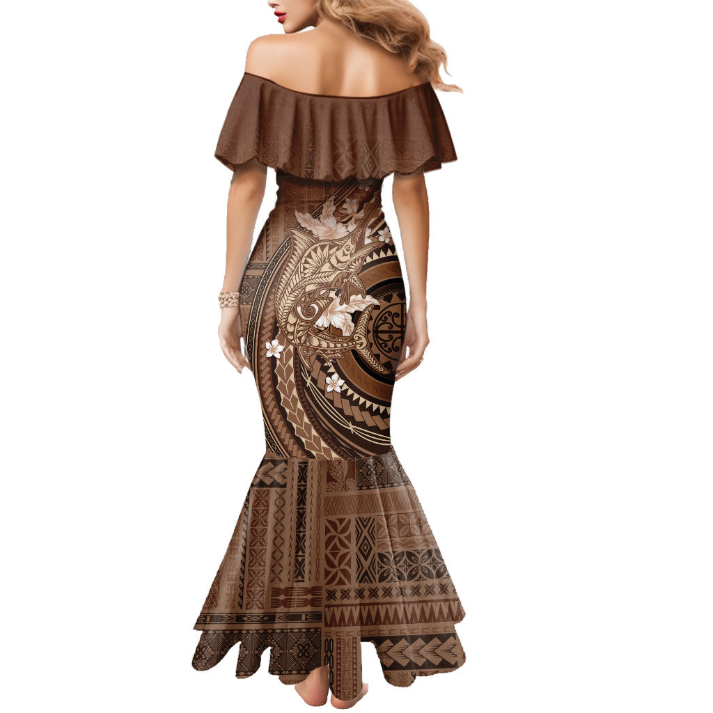 Samoa Tatau Marlin Family Matching Mermaid Dress and Hawaiian Shirt With Siapo Motifs Brown LT05 - Polynesian Pride