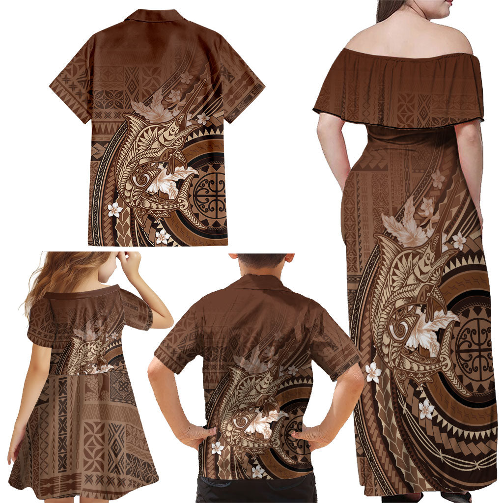 Samoa Tatau Marlin Family Matching Off Shoulder Maxi Dress and Hawaiian Shirt With Siapo Motifs Brown LT05 - Polynesian Pride