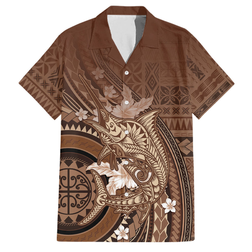 Samoa Tatau Marlin Family Matching Off Shoulder Maxi Dress and Hawaiian Shirt With Siapo Motifs Brown LT05 Dad's Shirt - Short Sleeve Brown - Polynesian Pride