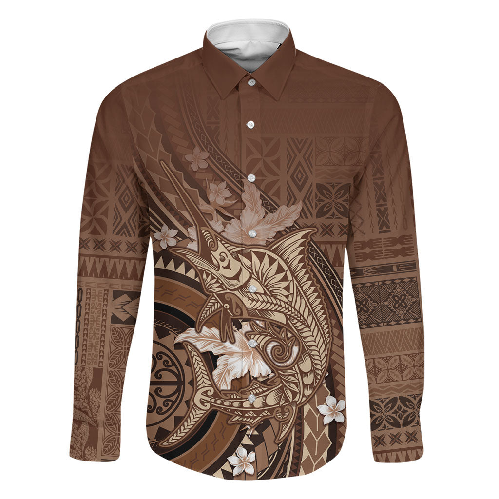 Samoa Tatau Marlin Family Matching Off Shoulder Maxi Dress and Hawaiian Shirt With Siapo Motifs Brown LT05 Dad's Shirt - Long Sleeve Brown - Polynesian Pride