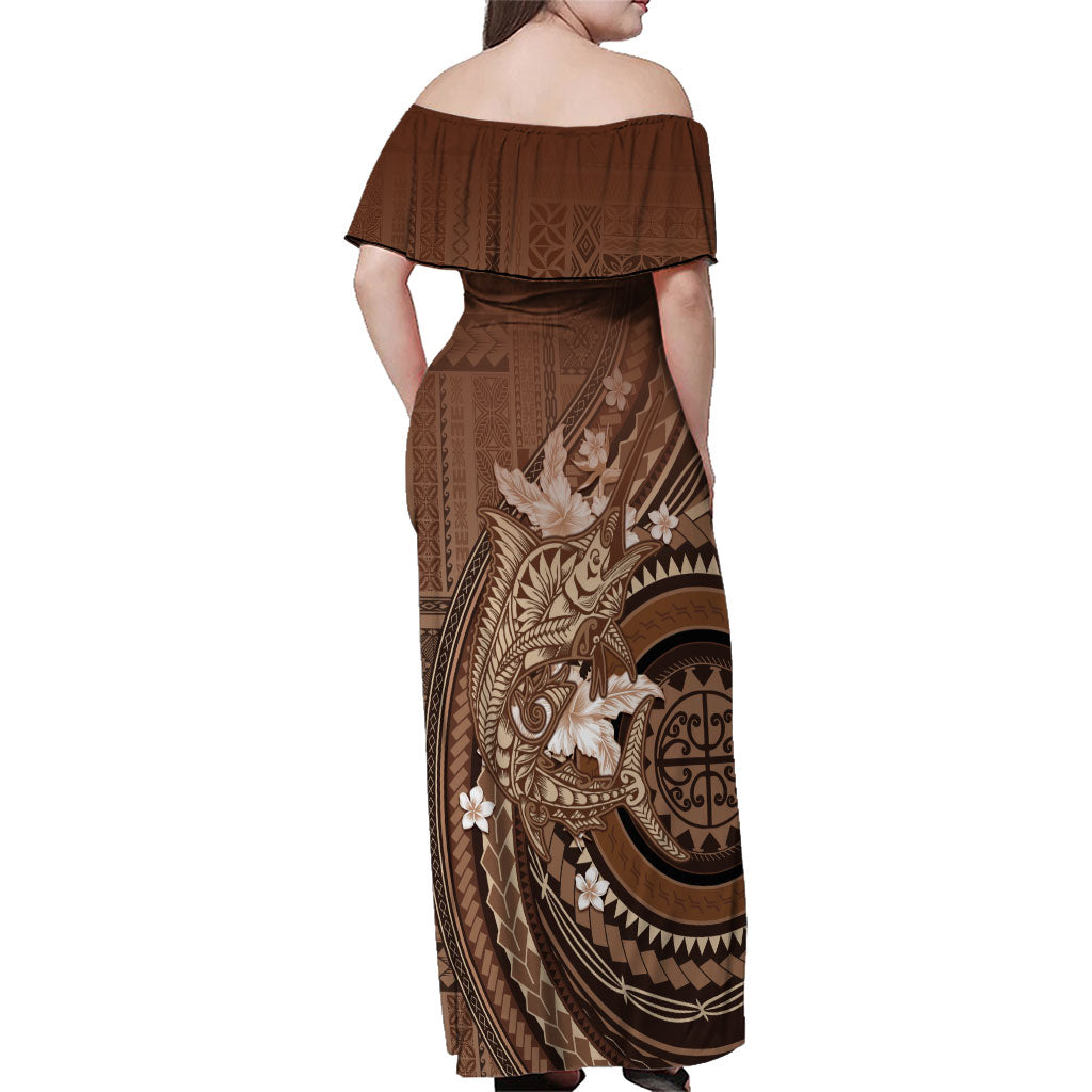 Samoa Tatau Marlin Family Matching Off Shoulder Maxi Dress and Hawaiian Shirt With Siapo Motifs Brown LT05 - Polynesian Pride