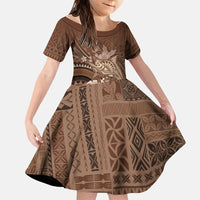 Samoa Tatau Marlin Family Matching Off Shoulder Short Dress and Hawaiian Shirt With Siapo Motifs Brown LT05 Daughter's Dress Brown - Polynesian Pride