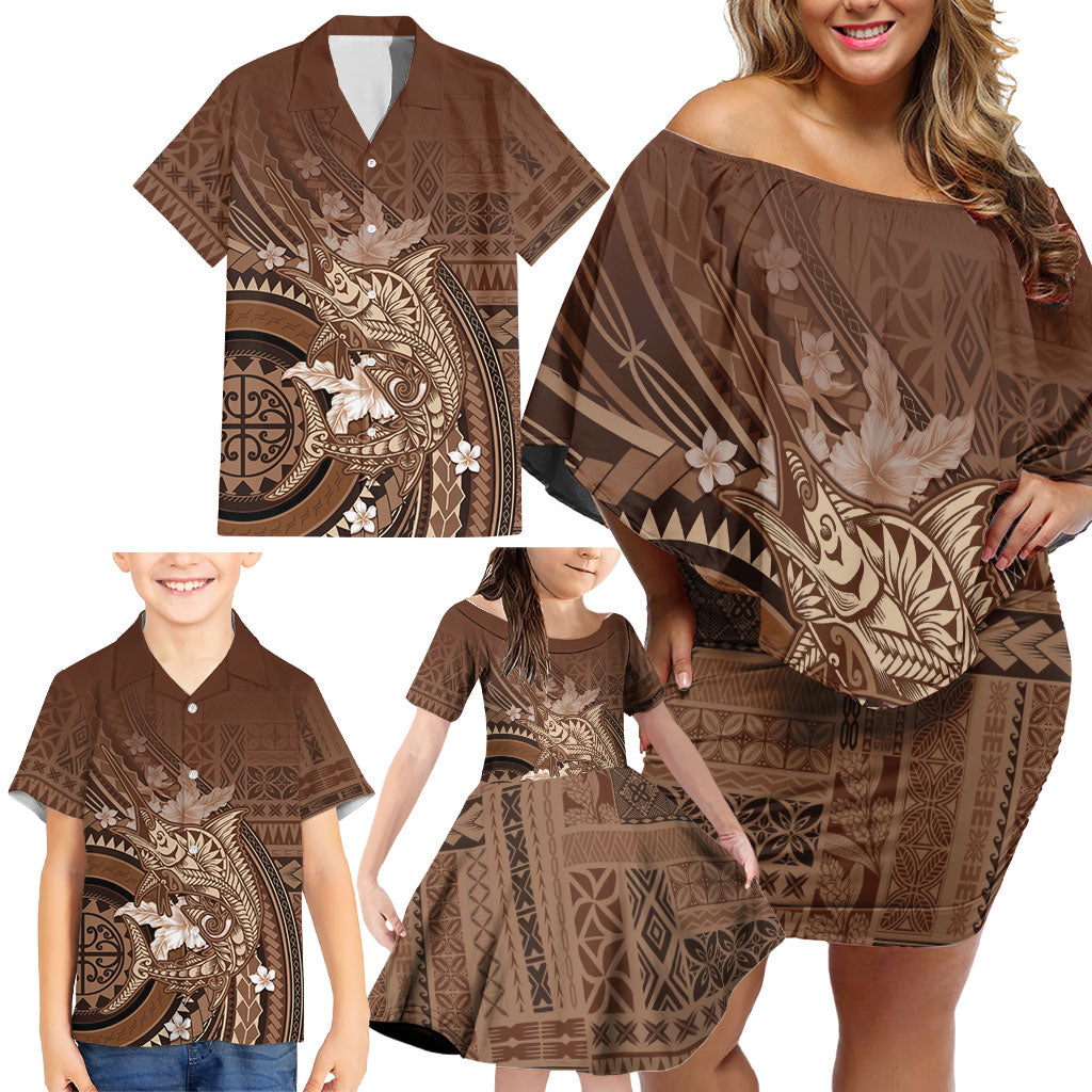 Samoa Tatau Marlin Family Matching Off Shoulder Short Dress and Hawaiian Shirt With Siapo Motifs Brown LT05 - Polynesian Pride