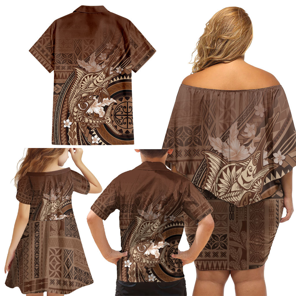 Samoa Tatau Marlin Family Matching Off Shoulder Short Dress and Hawaiian Shirt With Siapo Motifs Brown LT05 - Polynesian Pride