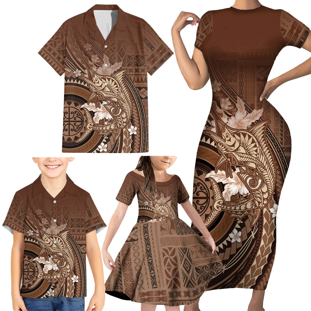 Samoa Tatau Marlin Family Matching Short Sleeve Bodycon Dress and Hawaiian Shirt With Siapo Motifs Brown
