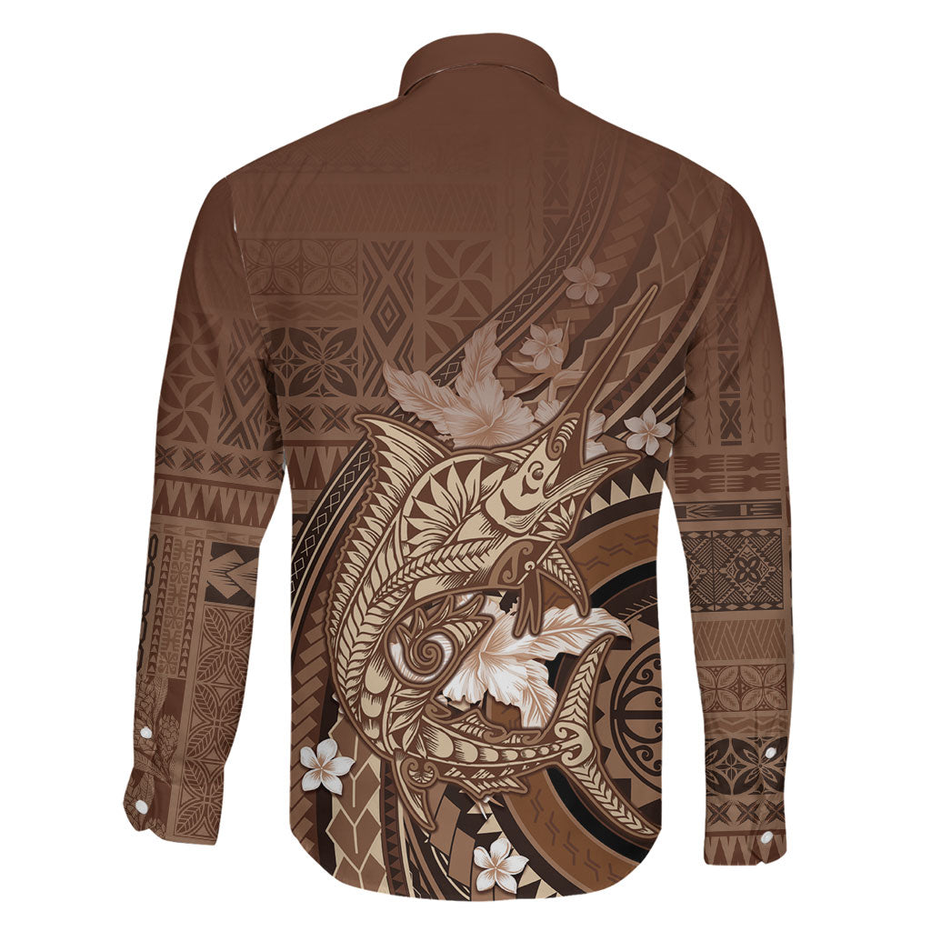 Samoa Tatau Marlin Family Matching Short Sleeve Bodycon Dress and Hawaiian Shirt With Siapo Motifs Brown LT05 - Polynesian Pride