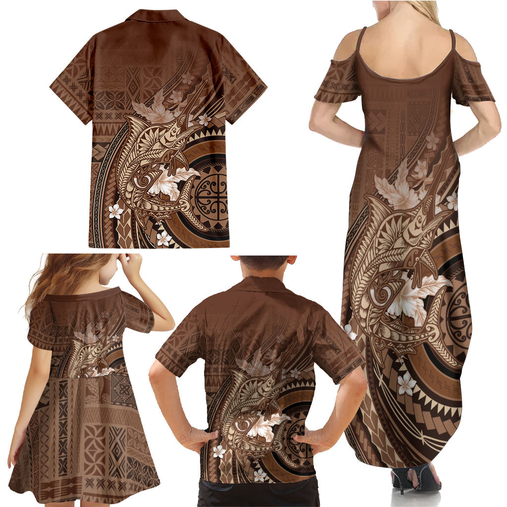 Samoa Tatau Marlin Family Matching Summer Maxi Dress and Hawaiian Shirt With Siapo Motifs Brown LT05 - Polynesian Pride