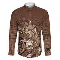 Samoa Tatau Marlin Family Matching Summer Maxi Dress and Hawaiian Shirt With Siapo Motifs Brown LT05 Dad's Shirt - Long Sleeve Brown - Polynesian Pride