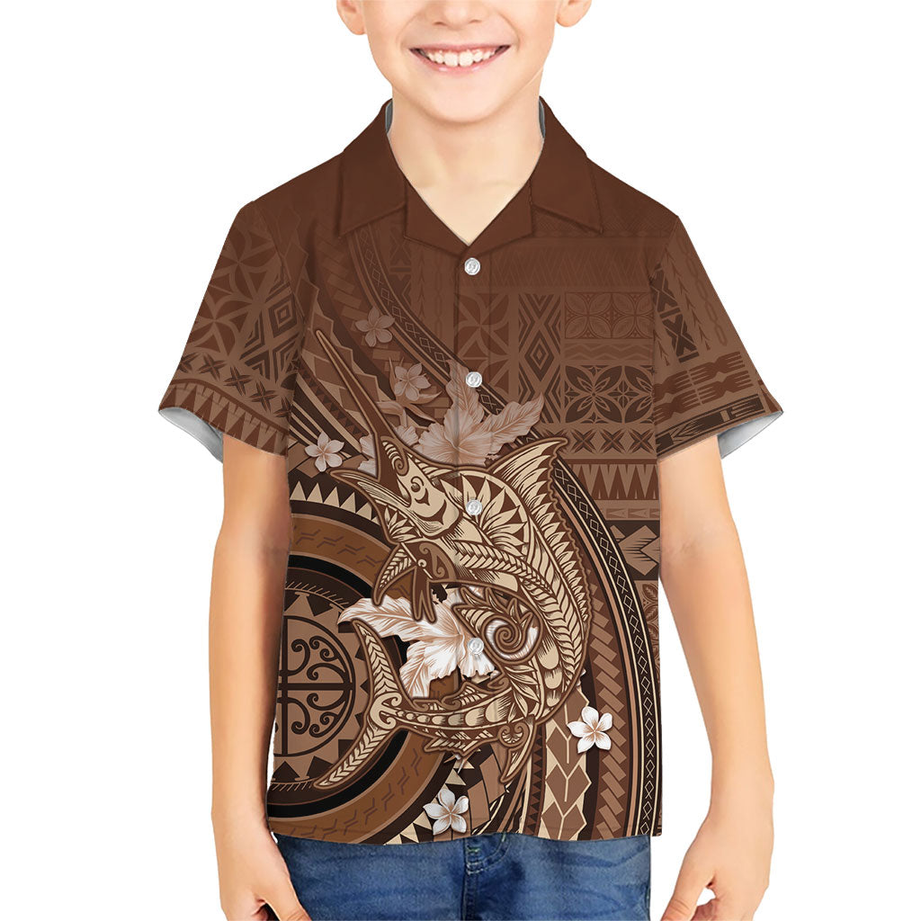 Samoa Tatau Marlin Family Matching Tank Maxi Dress and Hawaiian Shirt With Siapo Motifs Brown LT05 Son's Shirt Brown - Polynesian Pride