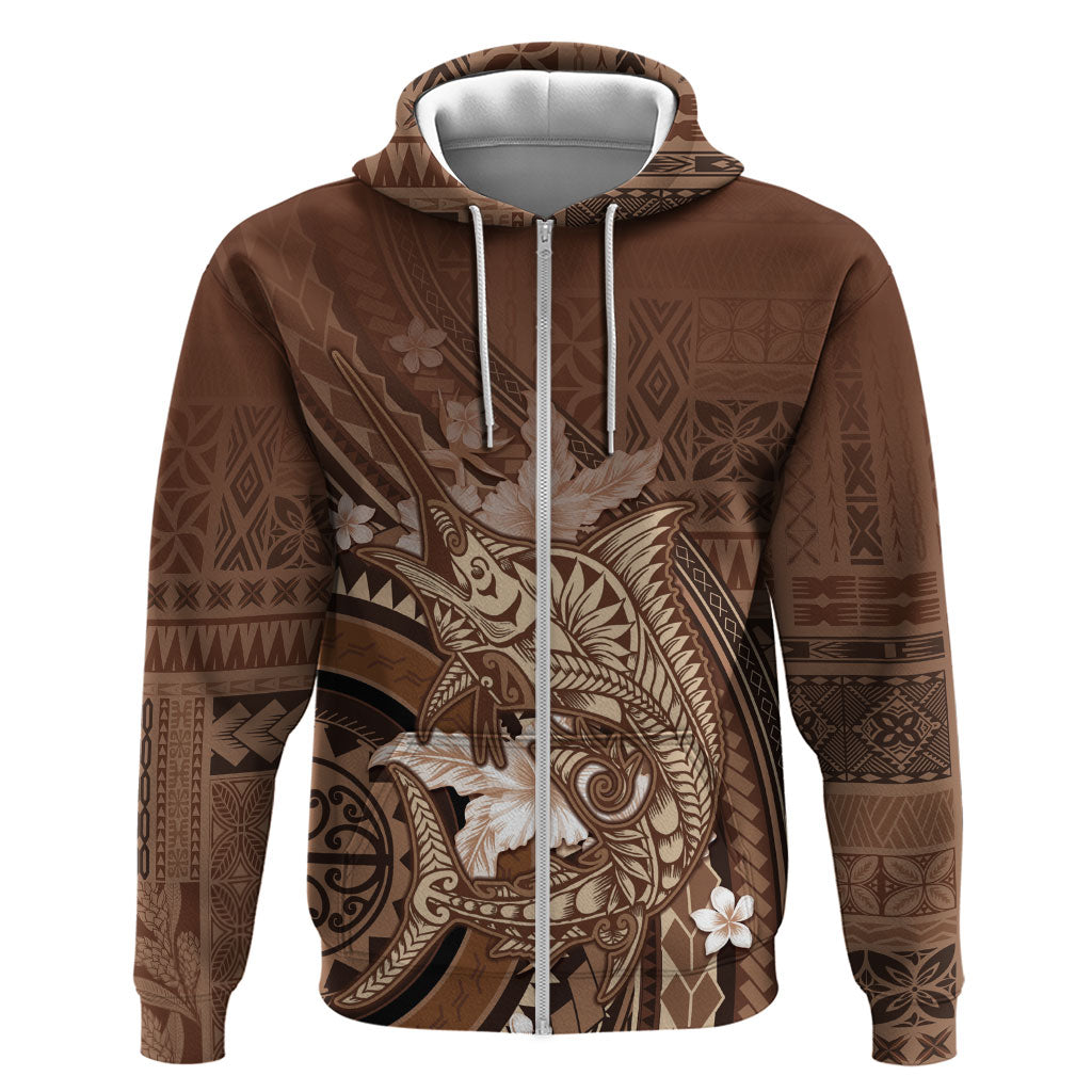 Samoa Tatau Marlin Hoodie With Siapo Motifs Brown LT05 Zip Hoodie Brown - Polynesian Pride