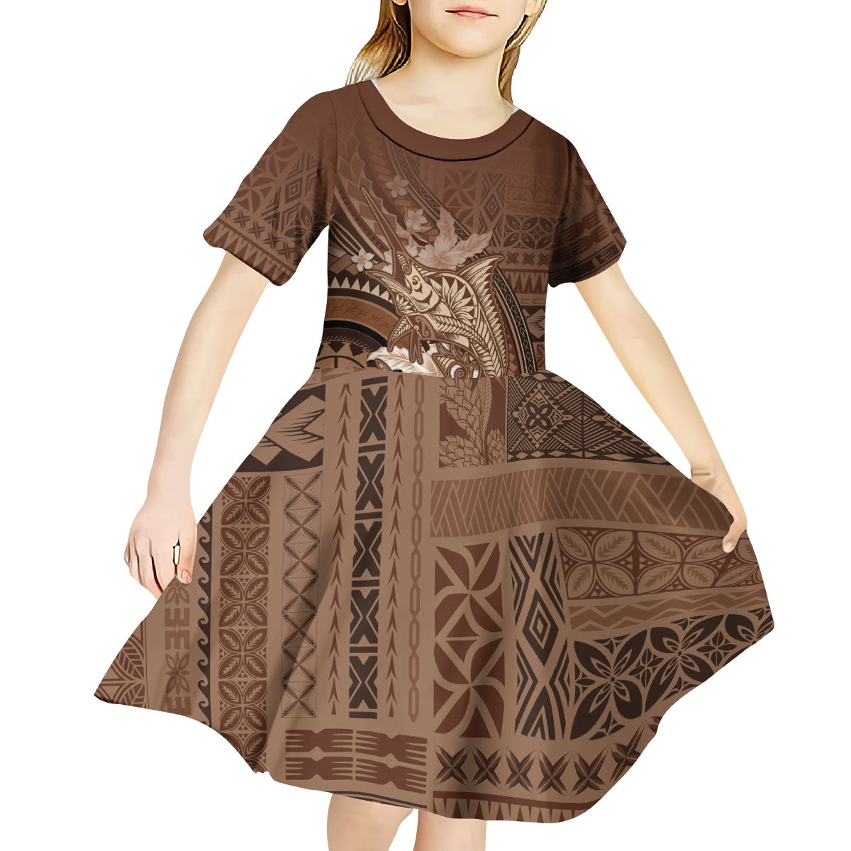 Samoa Tatau Marlin Kid Short Sleeve Dress With Siapo Motifs Brown