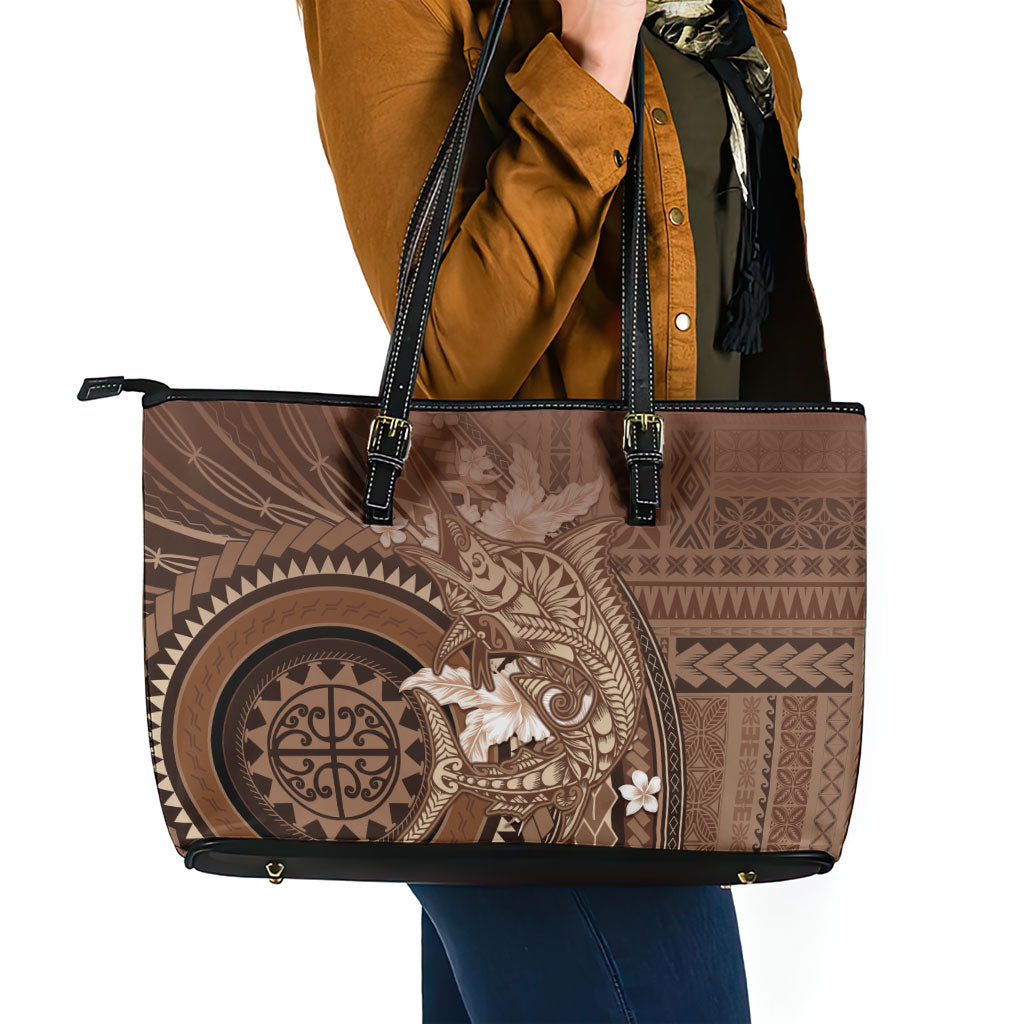Samoa Tatau Marlin Leather Tote Bag With Siapo Motifs Brown