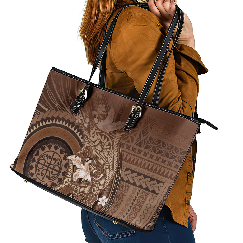 Samoa Tatau Marlin Leather Tote Bag With Siapo Motifs Brown