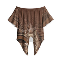 Samoa Tatau Marlin Off Shoulder Wrap Waist Top With Siapo Motifs Brown LT05 Brown - Polynesian Pride