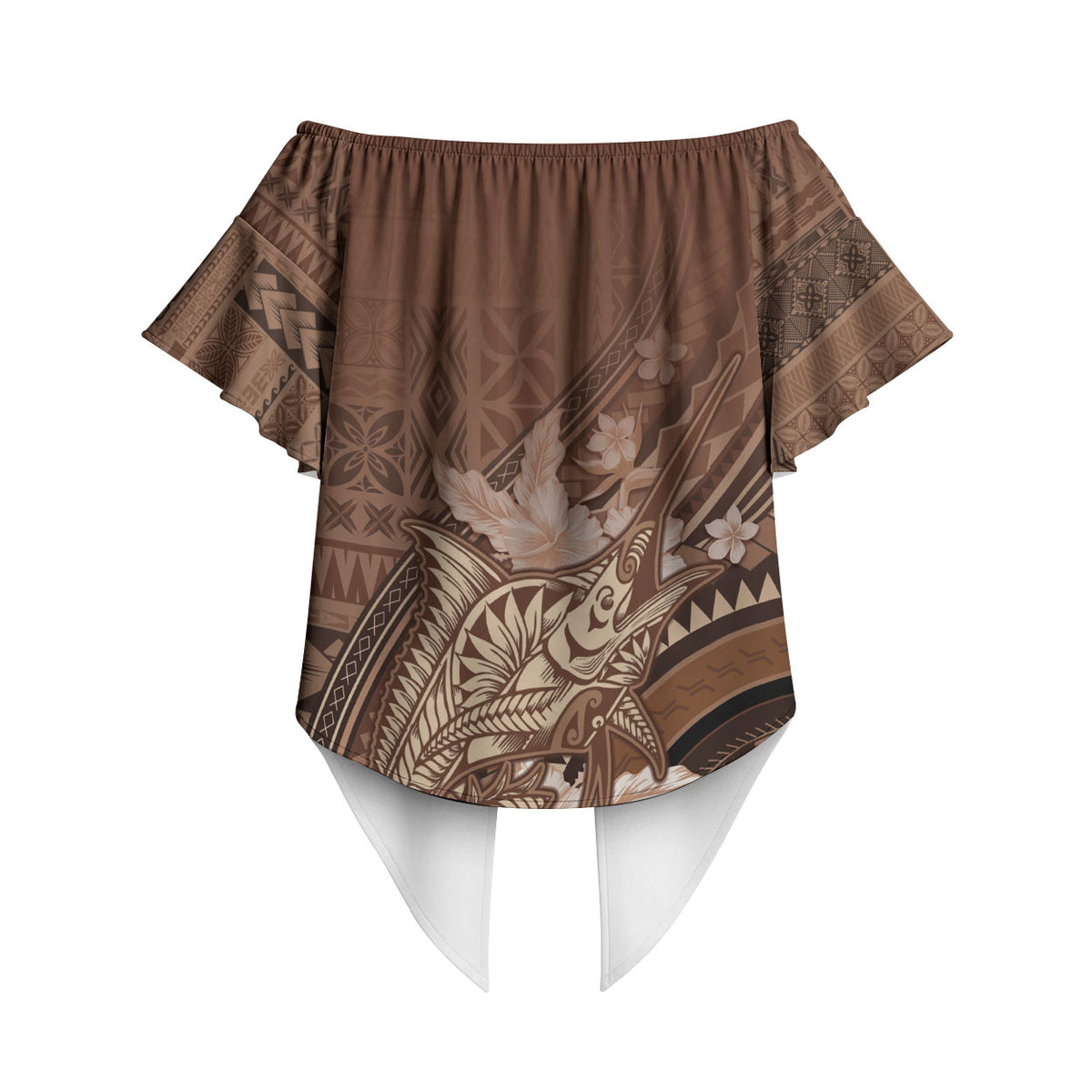 Samoa Tatau Marlin Off Shoulder Wrap Waist Top With Siapo Motifs Brown LT05 - Polynesian Pride