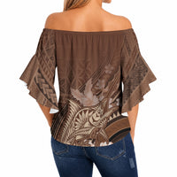 Samoa Tatau Marlin Off Shoulder Wrap Waist Top With Siapo Motifs Brown LT05 - Polynesian Pride