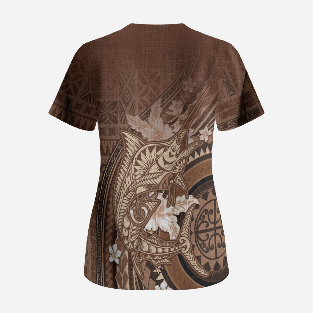 Samoa Tatau Marlin Scrub Top With Siapo Motifs Brown