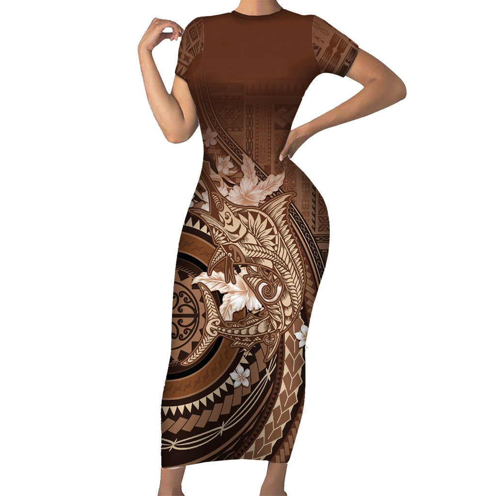 Samoa Tatau Marlin Short Sleeve Bodycon Dress With Siapo Motifs Brown