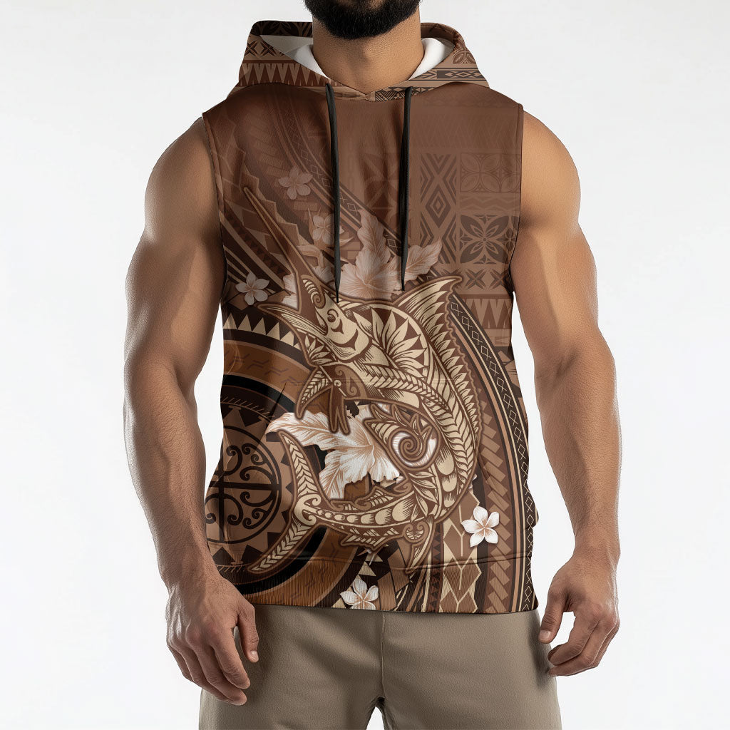 Samoa Tatau Marlin Sleeveless Hoodie With Siapo Motifs Brown