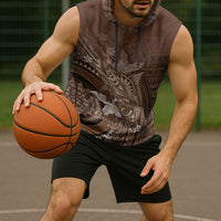Samoa Tatau Marlin Sleeveless Hoodie With Siapo Motifs Brown