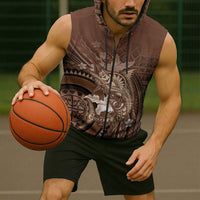 Samoa Tatau Marlin Sleeveless Zip Hoodie With Siapo Motifs Brown