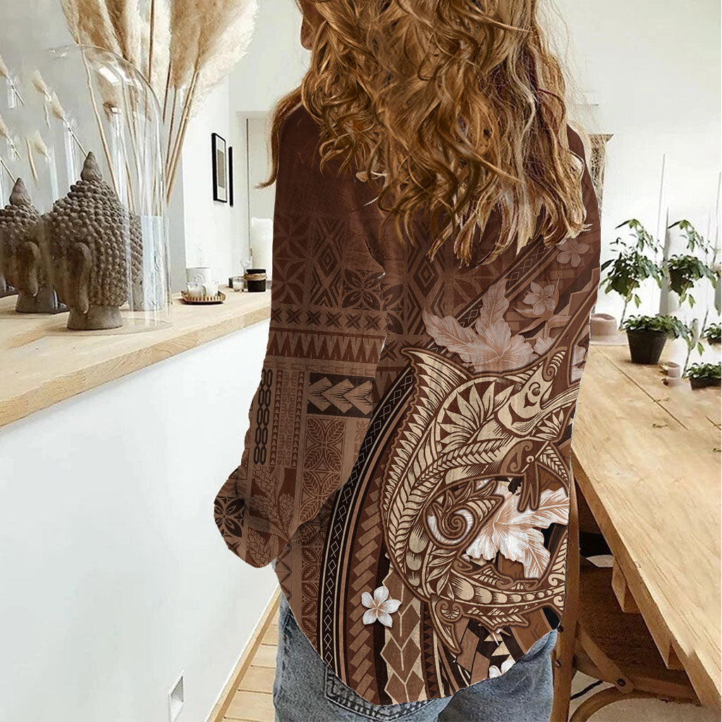 Samoa Tatau Marlin Women Casual Shirt With Siapo Motifs Brown LT05 - Polynesian Pride