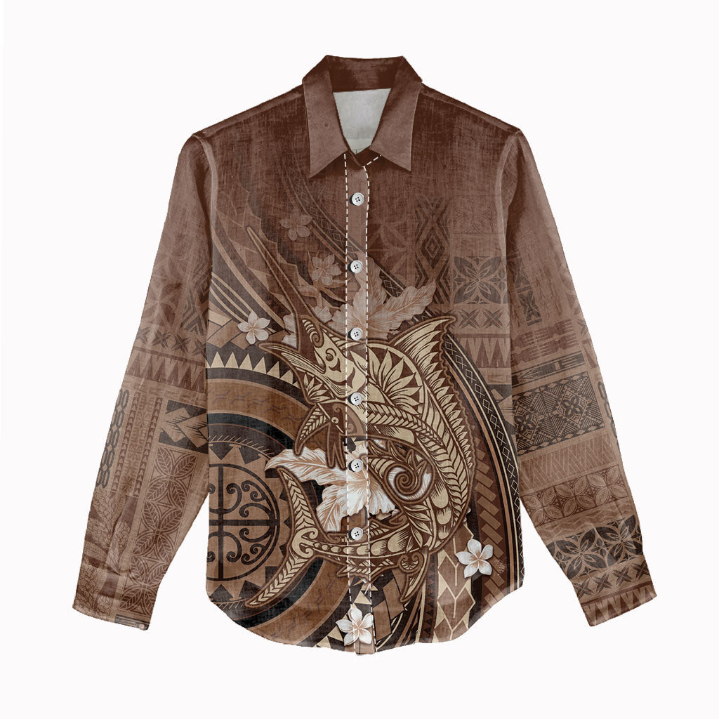 Samoa Tatau Marlin Women Casual Shirt With Siapo Motifs Brown LT05 - Polynesian Pride