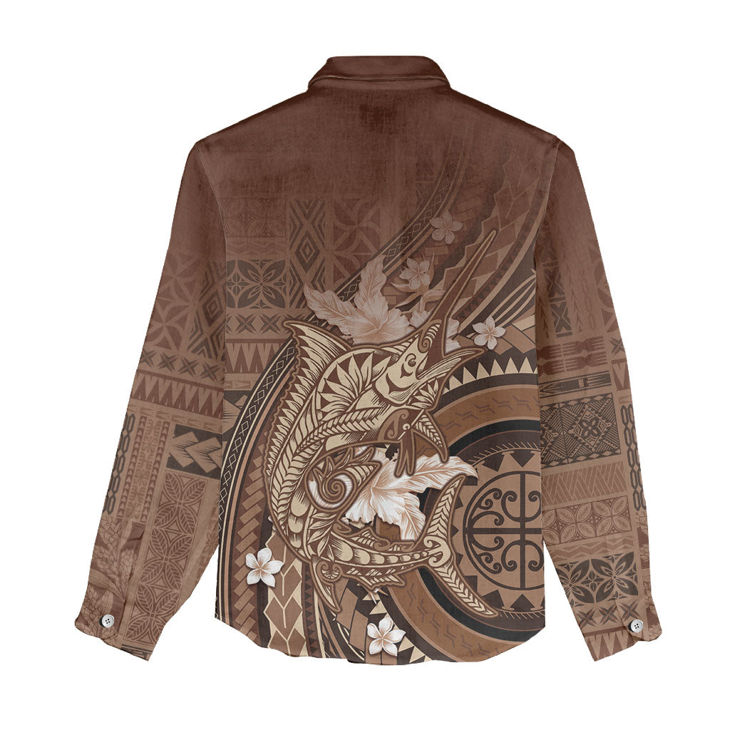 Samoa Tatau Marlin Women Casual Shirt With Siapo Motifs Brown LT05 - Polynesian Pride