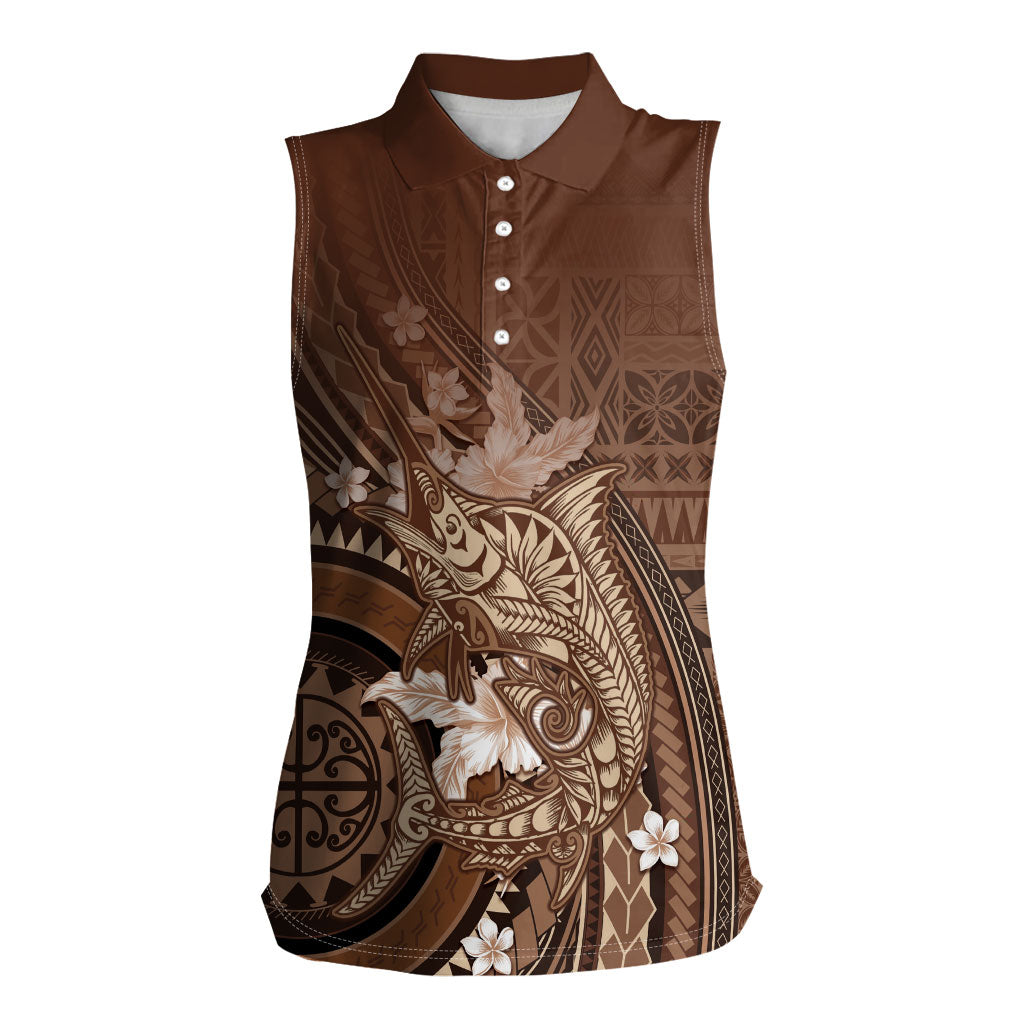 Samoa Tatau Marlin Women Sleeveless Polo Shirt With Siapo Motifs Brown