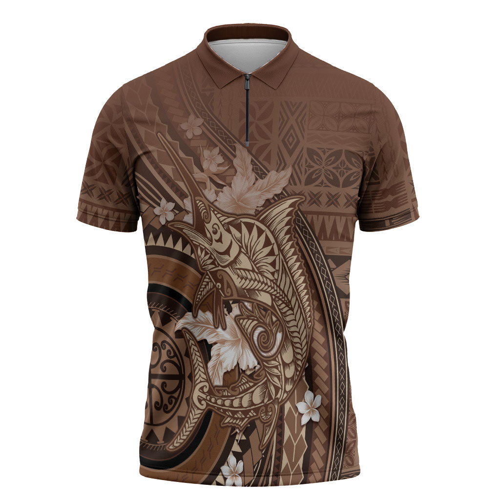 Samoa Tatau Marlin Zipper Polo Shirt With Siapo Motifs Brown