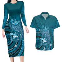 Samoa Tatau Marlin Couples Matching Long Sleeve Bodycon Dress and Hawaiian Shirt With Siapo Motifs Teal LT05 Teal - Polynesian Pride