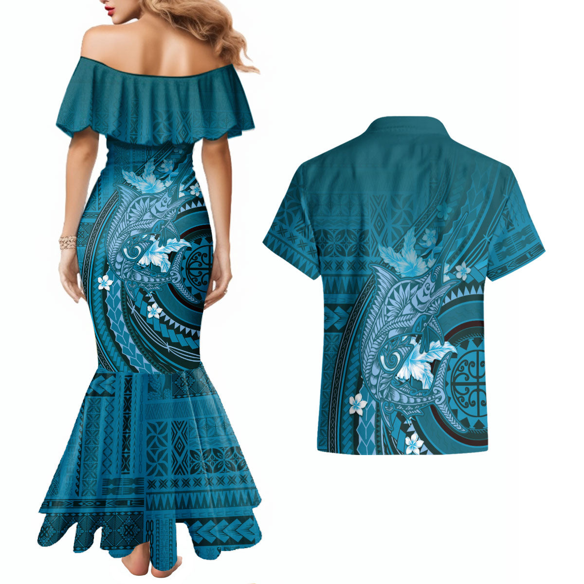 Samoa Tatau Marlin Couples Matching Mermaid Dress and Hawaiian Shirt With Siapo Motifs Teal LT05 - Polynesian Pride