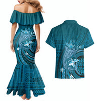 Samoa Tatau Marlin Couples Matching Mermaid Dress and Hawaiian Shirt With Siapo Motifs Teal LT05 - Polynesian Pride