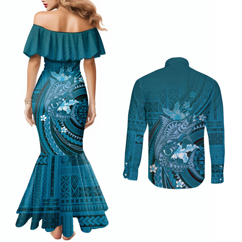 Samoa Tatau Marlin Couples Matching Mermaid Dress and Long Sleeve Button Shirt With Siapo Motifs Teal