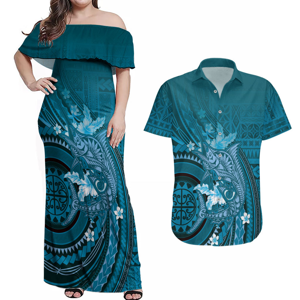 Samoa Tatau Marlin Couples Matching Off Shoulder Maxi Dress and Hawaiian Shirt With Siapo Motifs Teal LT05 Teal - Polynesian Pride