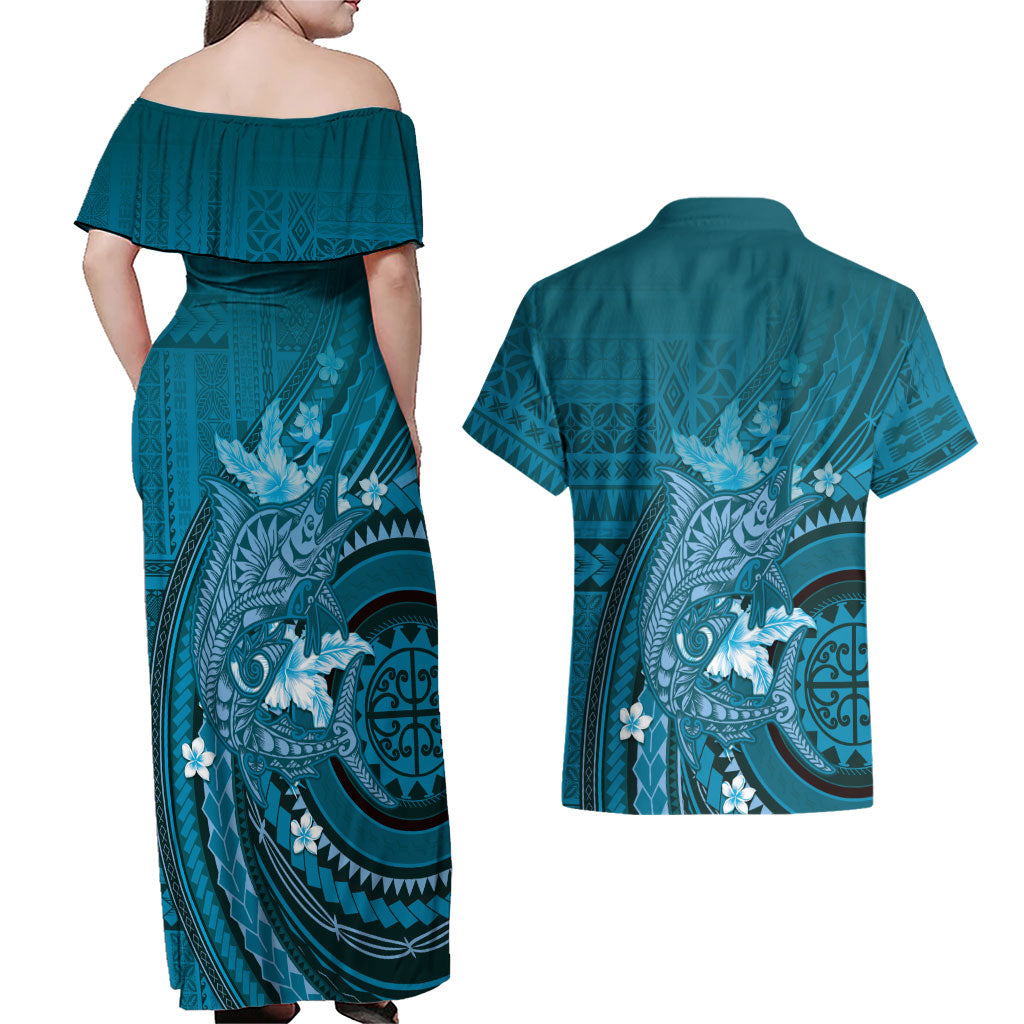 Samoa Tatau Marlin Couples Matching Off Shoulder Maxi Dress and Hawaiian Shirt With Siapo Motifs Teal LT05 - Polynesian Pride
