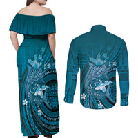 Samoa Tatau Marlin Couples Matching Off Shoulder Maxi Dress and Long Sleeve Button Shirt With Siapo Motifs Teal