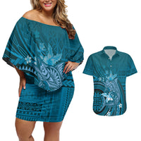 Samoa Tatau Marlin Couples Matching Off Shoulder Short Dress and Hawaiian Shirt With Siapo Motifs Teal LT05 Teal - Polynesian Pride