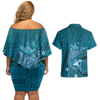 Samoa Tatau Marlin Couples Matching Off Shoulder Short Dress and Hawaiian Shirt With Siapo Motifs Teal LT05 - Polynesian Pride